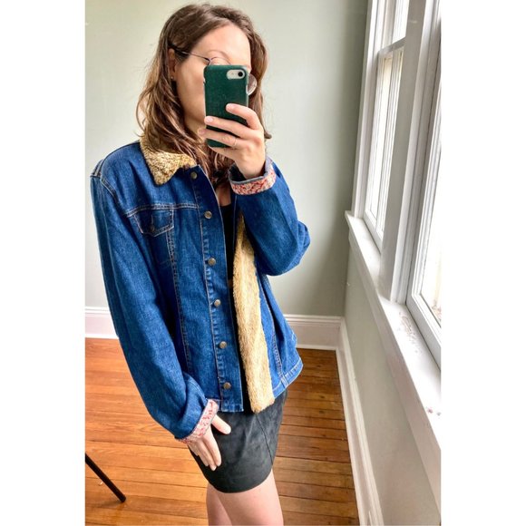 Vintage Y2K 90s Denim April Cornell Faux Fur Pink Floral Trim Jean Jacket L - Picture 2 of 11